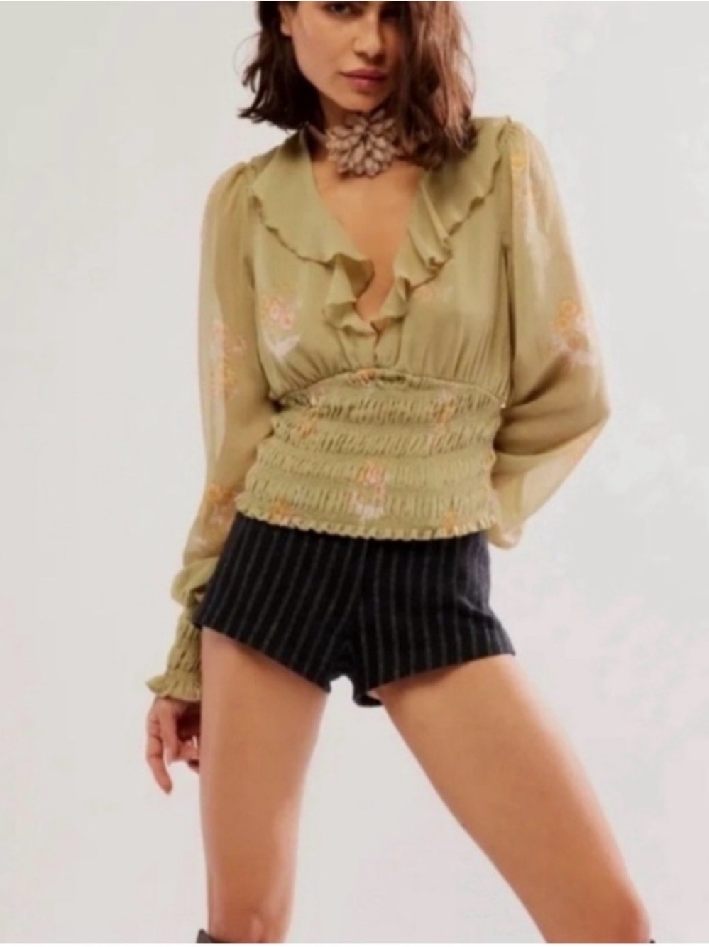 Free People Smocked Waist Ruffle V-Neck Blouse in Olive Green Sz L